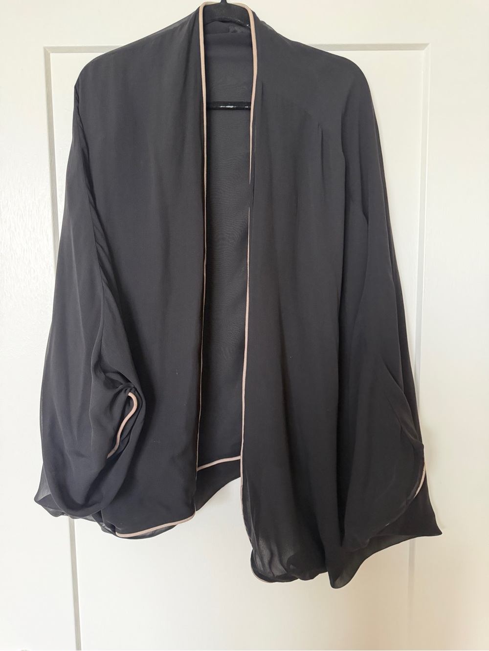 Black Open-Front Draped Jacket with Contrast Trim